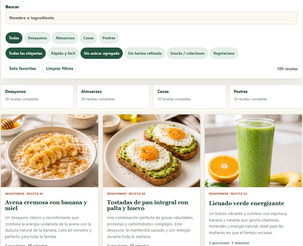La Biblia de la Comida Saludable: buscador, categorías y recetas dentro de la aplicación