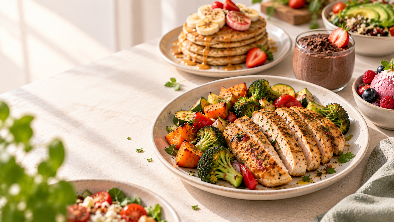 Escena gastronómica con pollo y verduras en primer plano, desayuno, ensalada y postres al fondo