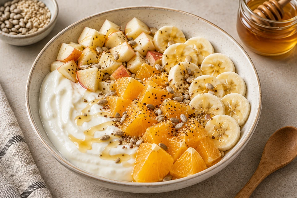 Bowl de frutas con semillas y miel