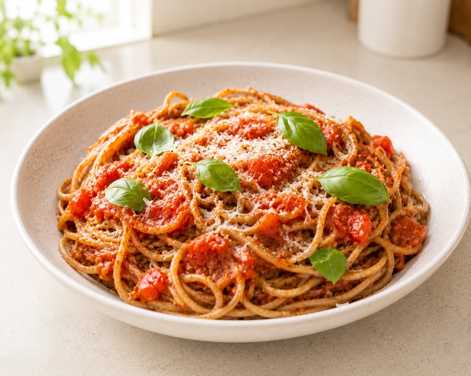 Fideos integrales con salsa de tomate y albahaca