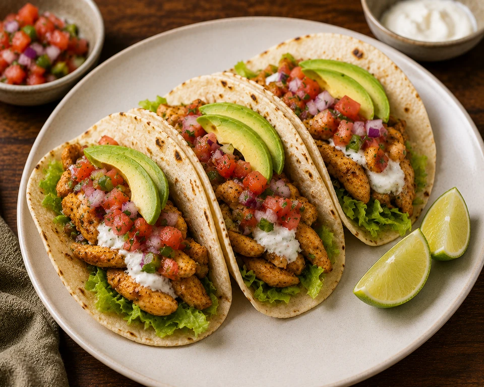 Tacos de pollo con verduras y salsa criolla