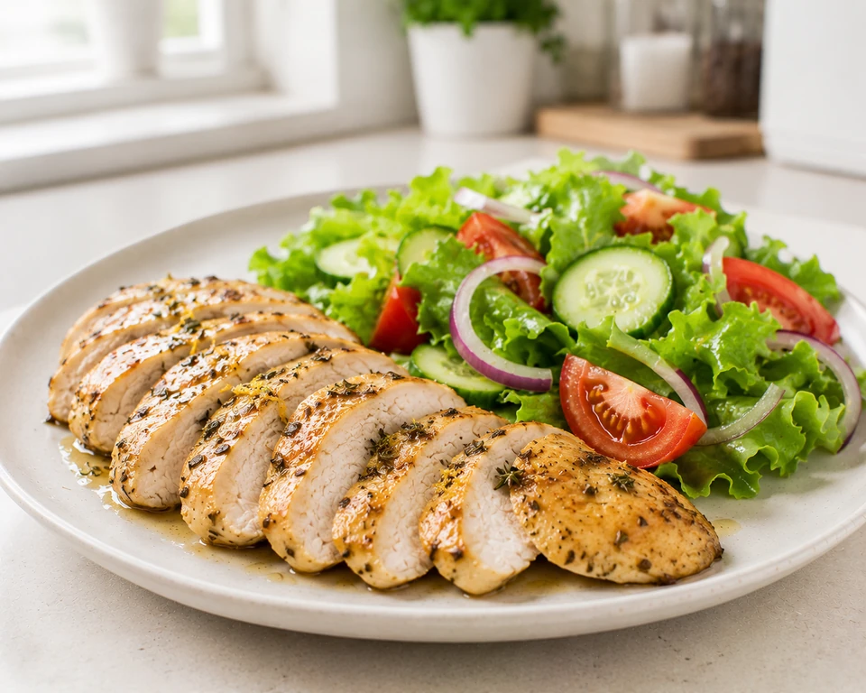 Pechuga de pollo al limón y hierbas con ensalada verde